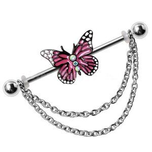 316L Stainless Steel Double Chained Pink Butterfly Barbell Earring Regular price